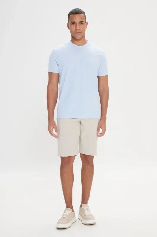 Erkek Açık Mavi Slim Fit Dar Kesim Bisiklet Yaka Pamuklu Tişört-Açık Mavi - 2