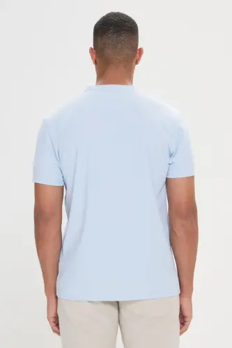 Erkek Açık Mavi Slim Fit Dar Kesim Bisiklet Yaka Pamuklu Tişört-Açık Mavi - 4