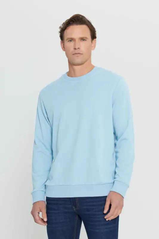 Erkek Açık Mavi Standart Fit Normal Kesim Bisiklet Yaka 3 Iplik Pamuklu Sweatshirt - Açık Mavi - 3