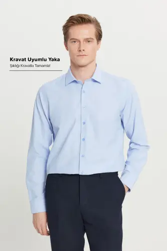 Erkek Açık Mavi Non-Iron Ütülemesi Kolay Terletmez Pamuklu Gömlek Slim Fit Dar Kesim Klasik Yaka - Açık Mavi 