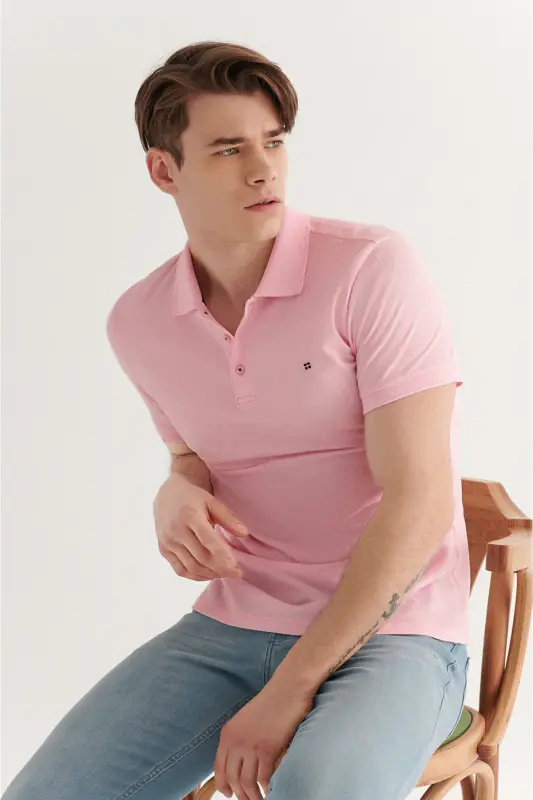 Erkek Açık Pembe Basic Pamuklu Polo Yaka T-shirt E001004 - Açık Pembe - 2