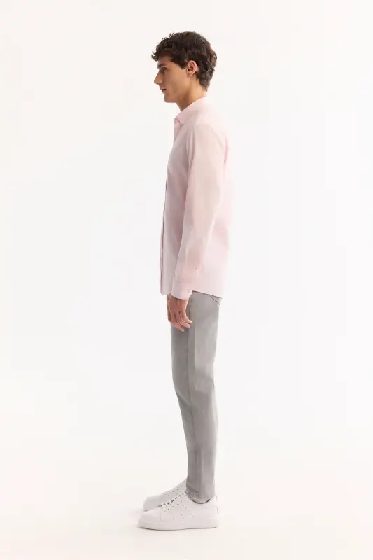 Erkek Açık Pembe Düğmeli Yaka %100 Pamuk Keten Dokulu Comfort Fit Gömlek E002141 - Açık Pembe - 3