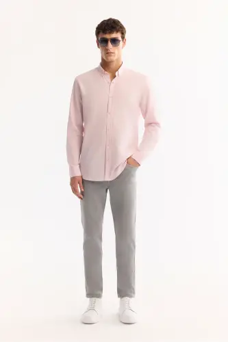 Erkek Açık Pembe Düğmeli Yaka %100 Pamuk Keten Dokulu Comfort Fit Gömlek E002141 - Açık Pembe - 6