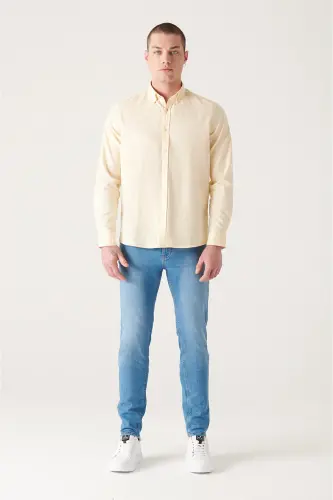 Erkek Açık Sarı Oxford %100 Pamuk Düğmeli Yaka Regular Fit Gömlek B002003-Açık Sarı - 5