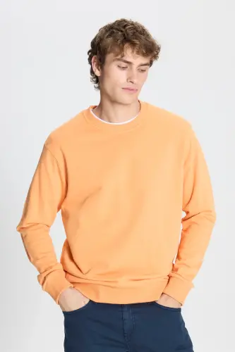 Erkek Açık Turuncu Standart Fit Normal Kesim Bisiklet Yaka Pamuklu Sweatshirt - A.TURUNCU - 1