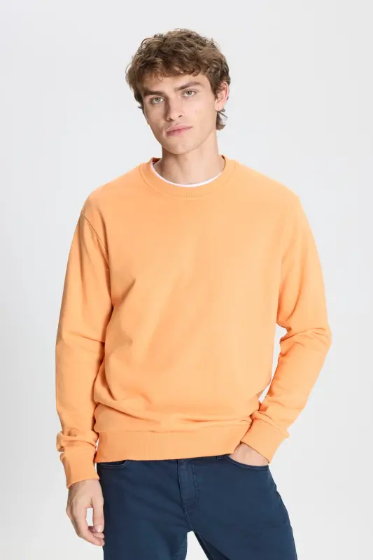 Erkek Açık Turuncu Standart Fit Normal Kesim Bisiklet Yaka Pamuklu Sweatshirt - A.TURUNCU - 3