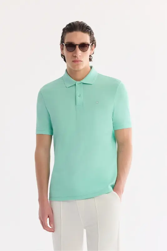 Erkek Açık Yeşil Kıvrılmaz Polo Yaka %100 Pamuk Basic Regular Fit T-Shirt B001032 - Açık Yeşil - 1