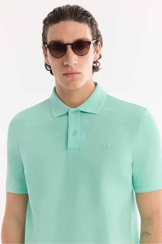 Erkek Açık Yeşil Kıvrılmaz Polo Yaka %100 Pamuk Basic Regular Fit T-Shirt B001032 - Açık Yeşil - 2