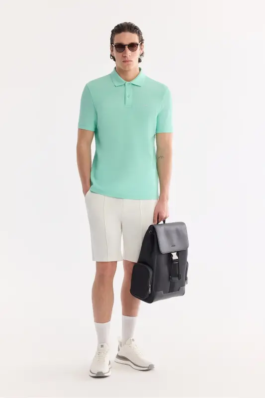 Erkek Açık Yeşil Kıvrılmaz Polo Yaka %100 Pamuk Basic Regular Fit T-Shirt B001032 - Açık Yeşil - 6
