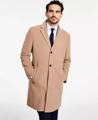 Men's Addison Wool-Blend Trim Fit Overcoat - Camel - 4