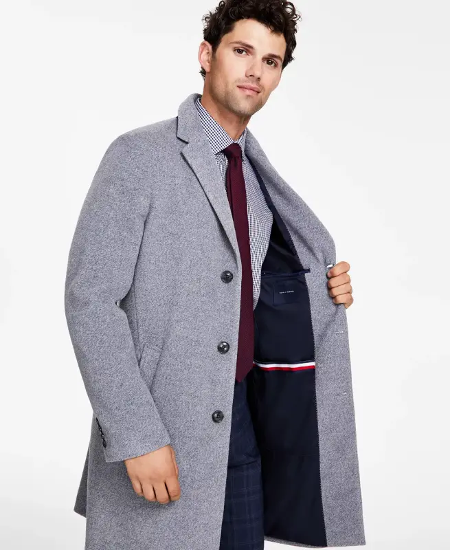 Men's Addison Wool-Blend Trim Fit Overcoat - Light Grey - 3