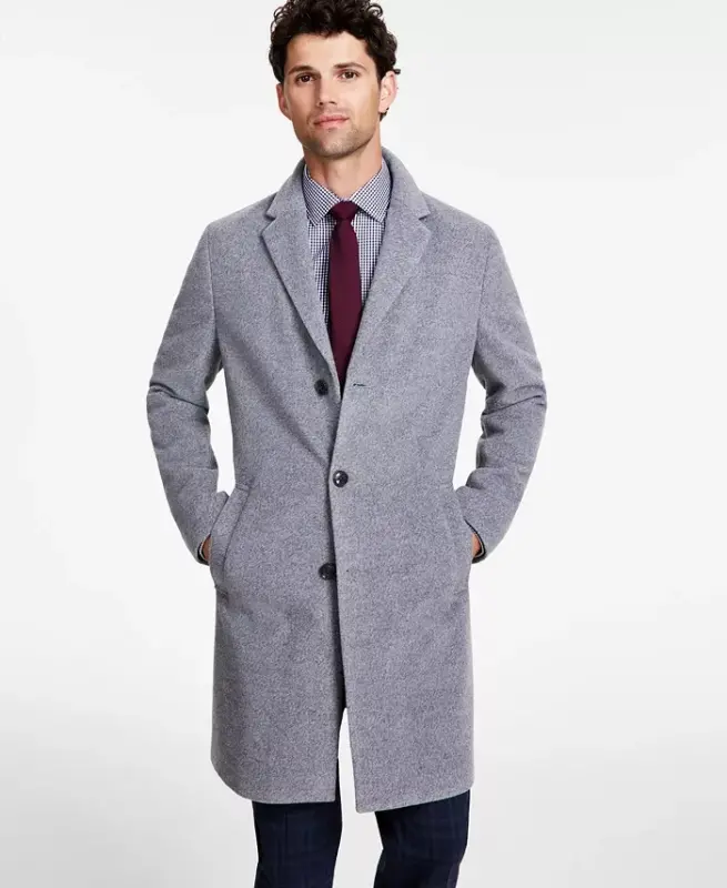Men's Addison Wool-Blend Trim Fit Overcoat - Light Grey - 1