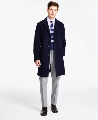 Men's Addison Wool-Blend Trim Fit Overcoat - Navy 