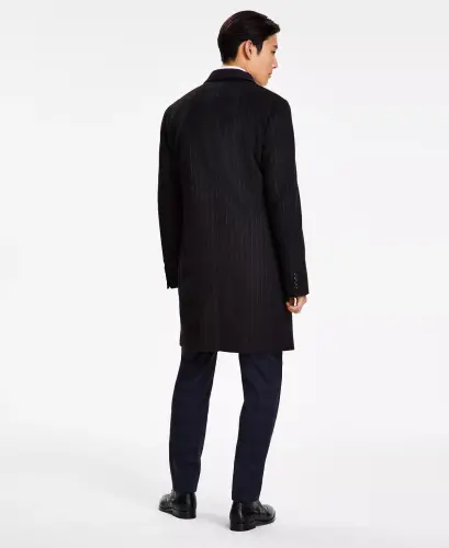Men's Addison Wool-Blend Trim Fit Overcoat - Black Pinstripe - 2