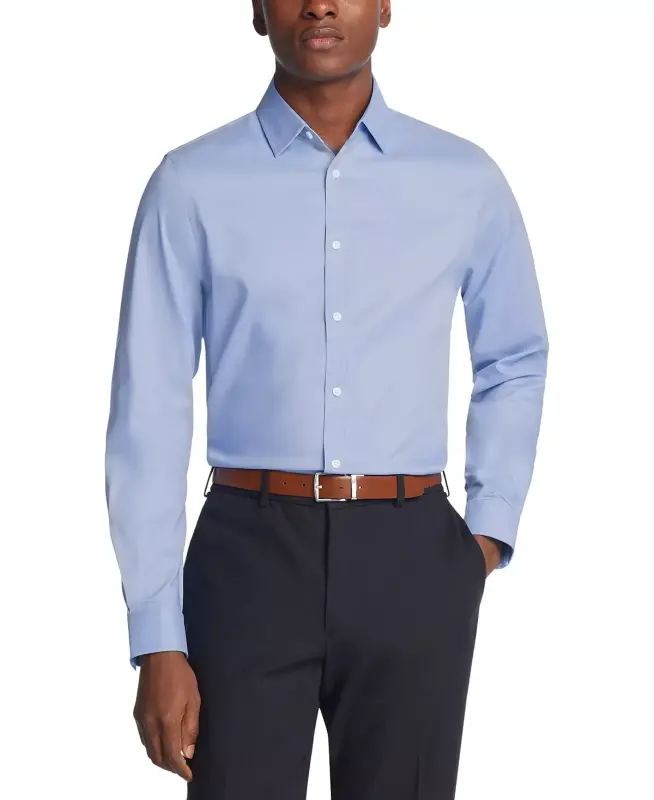 Men's Airsoft Slim Fit Untucked Length Wrinkle Free Stretch Dress Shirt - Blue - 3