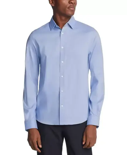 Men's Airsoft Slim Fit Untucked Length Wrinkle Free Stretch Dress Shirt - Blue 
