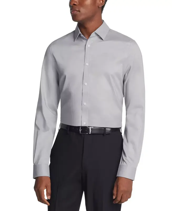 Men's Airsoft Slim Fit Untucked Length Wrinkle Free Stretch Dress Shirt - Gray - 3