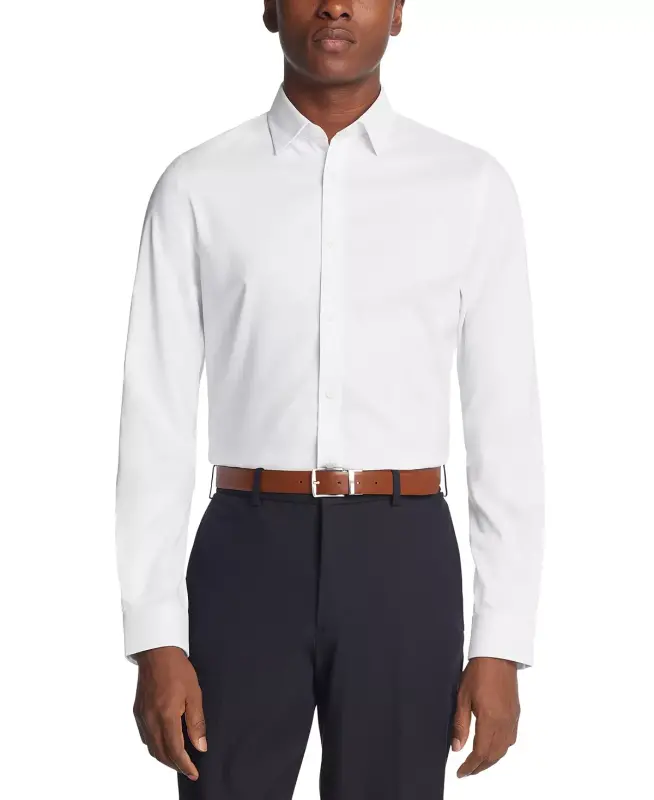 Men's Airsoft Slim Fit Untucked Length Wrinkle Free Stretch Dress Shirt - White - 3