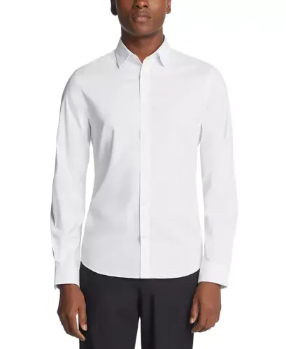 Men's Airsoft Slim Fit Untucked Length Wrinkle Free Stretch Dress Shirt - White 