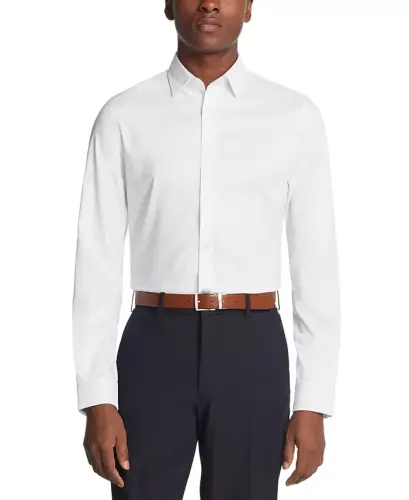 Men's Airsoft Slim Fit Untucked Length Wrinkle Free Stretch Dress Shirt - White - 3