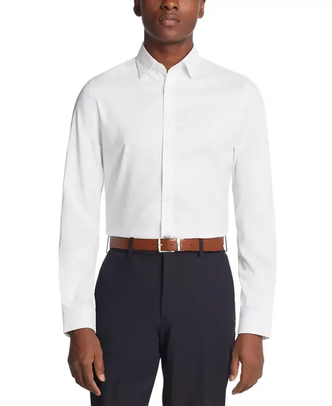 Men's Airsoft Slim Fit Untucked Length Wrinkle Free Stretch Dress Shirt - White - 3