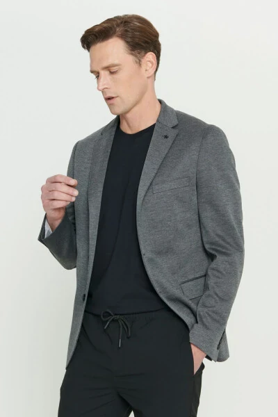 Erkek Antrasit 360 Her Yöne Esneyen Slim Fit Dar Kesim Mono Yaka Desenli Blazer Ceket - 3
