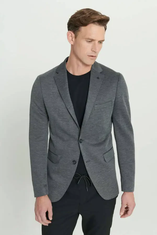 Erkek Antrasit 360 Her Yöne Esneyen Slim Fit Dar Kesim Mono Yaka Desenli Blazer Ceket - 5