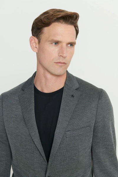 Erkek Antrasit 360 Her Yöne Esneyen Slim Fit Dar Kesim Mono Yaka Desenli Blazer Ceket - 6