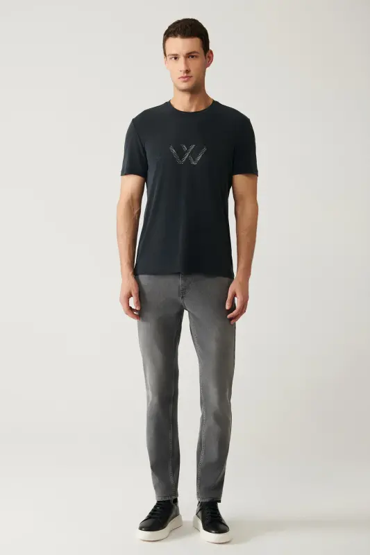 Erkek Antrasit Bisiklet Yaka Baskılı Soft Touch Regular Fit T-Shirt A41Y1131 - Antrasit - 6
