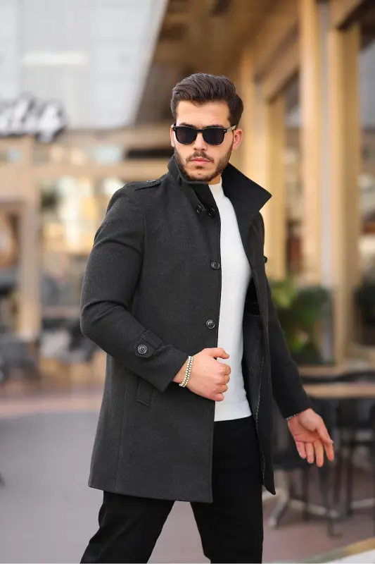 Erkek Antrasit Renk Dar Kesim Uzun Kaşe Kaban - Antrasit - 4