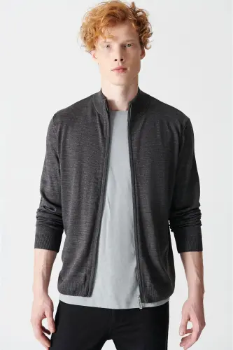 Erkek Antrasit Dik Yaka Fermuarlı Basic Hırka E005004 - 3