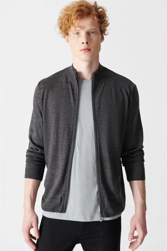 Erkek Antrasit Dik Yaka Fermuarlı Basic Hırka E005004 - 3