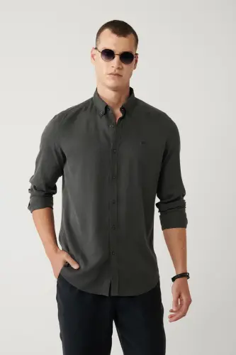 Erkek Antrasit Düğmeli Yaka Keten Karışımlı Slim Fit Gömlek B002001-Antrasit 