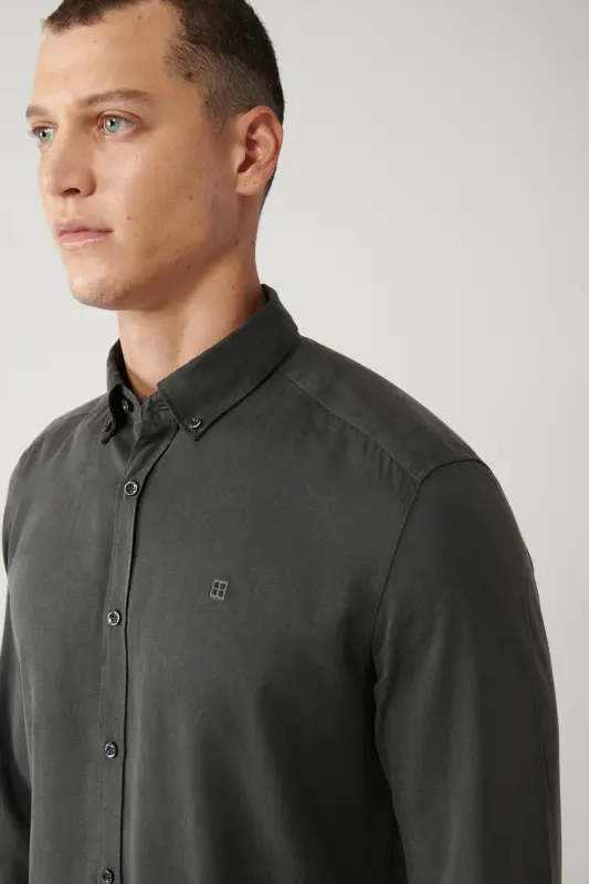 Erkek Antrasit Düğmeli Yaka Keten Karışımlı Slim Fit Gömlek B002001-Antrasit - 2
