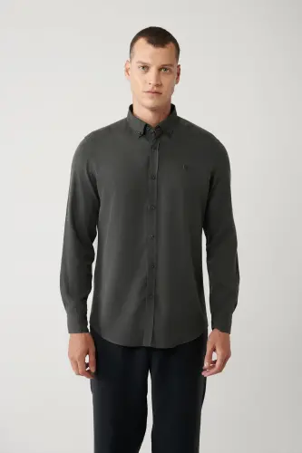 Erkek Antrasit Düğmeli Yaka Keten Karışımlı Slim Fit Gömlek B002001-Antrasit - 3