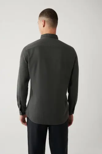 Erkek Antrasit Düğmeli Yaka Keten Karışımlı Slim Fit Gömlek B002001-Antrasit - 4