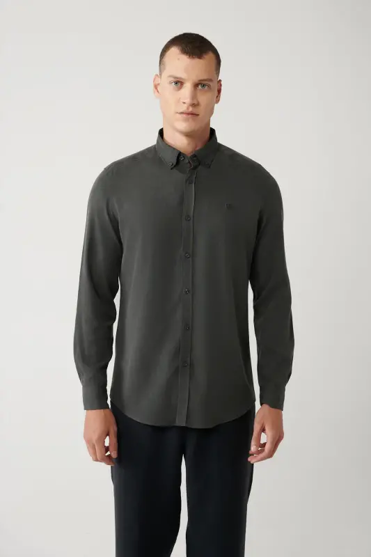 Erkek Antrasit Düğmeli Yaka Keten Karışımlı Slim Fit Gömlek B002001-Antrasit - 3