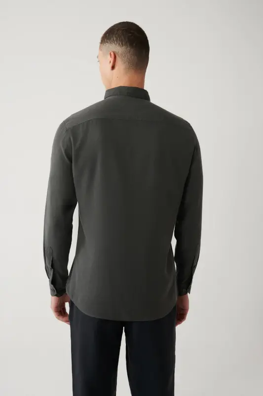 Erkek Antrasit Düğmeli Yaka Keten Karışımlı Slim Fit Gömlek B002001-Antrasit - 4