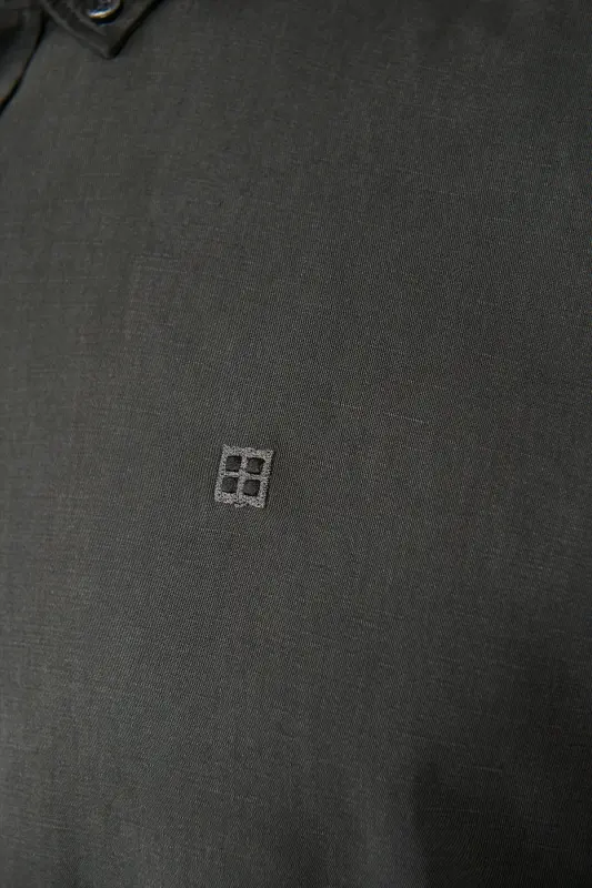 Erkek Antrasit Düğmeli Yaka Keten Karışımlı Slim Fit Gömlek B002001-Antrasit - 5