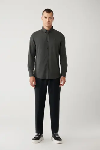Erkek Antrasit Düğmeli Yaka Keten Karışımlı Slim Fit Gömlek B002001-Antrasit - 6