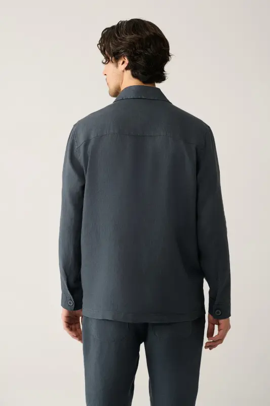 Erkek Antrasit Klasik Yaka %100 Keten Comfort Fit Gömlek A41Y2087 - Antrasit - 4