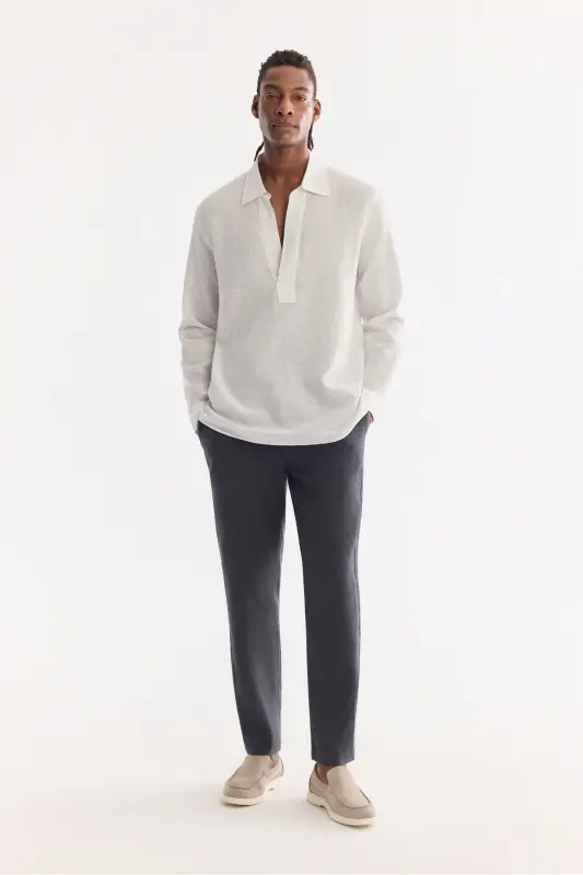 Erkek Antrasit Beli Lastikli %100 Keten Relaxed Fit Pantolon B003032 - Antrasit - 1