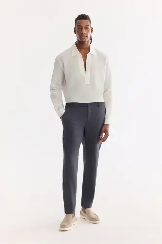 Erkek Antrasit Beli Lastikli %100 Keten Relaxed Fit Pantolon B003032 - Antrasit - 7
