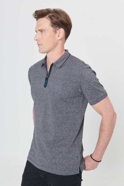 Erkek Antrasit-melanj Slim Fit Dar Kesim Fermuarlı Polo Yaka Pamuklu Kısa Kollu Tişört-Antrasit - 3