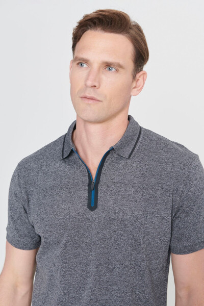 Erkek Antrasit-melanj Slim Fit Dar Kesim Fermuarlı Polo Yaka Pamuklu Kısa Kollu Tişört-Antrasit - 4