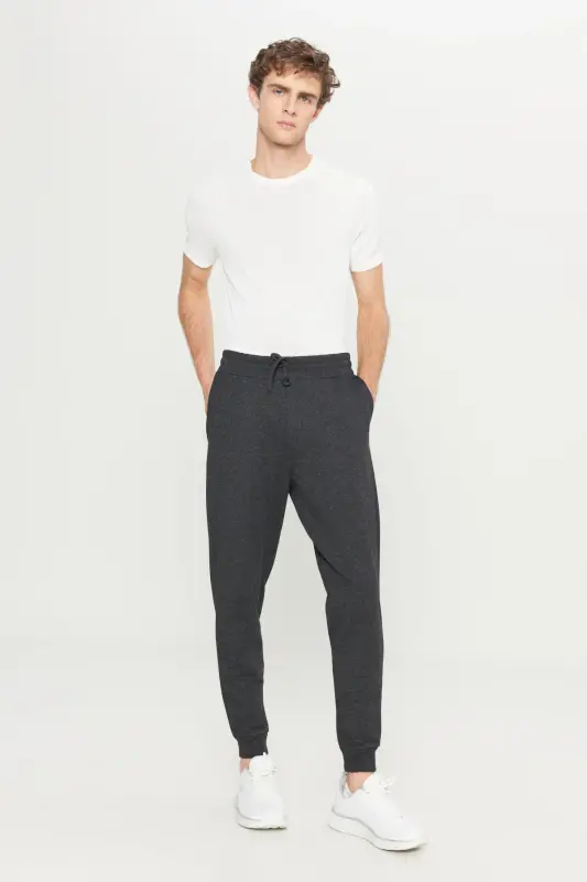 Erkek Antrasit-Melanj Standart Fit 2 İplik Cepli Rahat Recycle Pamuklu Jogger Eşofman Altı-Antrasit - 2