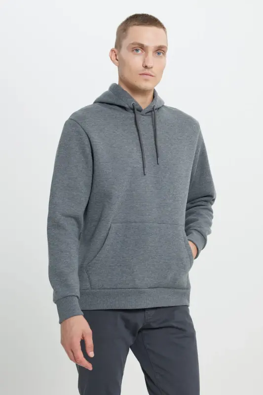 Erkek Antrasit-melanj Standart Fit Içi Polarlı 3 Iplik Kapüşonlu Pamuklu Sweatshirt - Antrasit-Melanj - 5