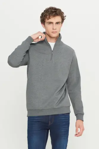 Erkek Antrasit-melanj Standart Fit Içi Polarlı Fermuarlı Dik Bato Yaka Pamuklu Sweatshirt - Antrasit-Melanj 