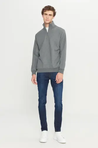 Erkek Antrasit-melanj Standart Fit Içi Polarlı Fermuarlı Dik Bato Yaka Pamuklu Sweatshirt - Antrasit-Melanj - 3