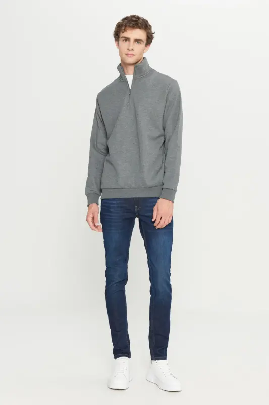 Erkek Antrasit-melanj Standart Fit Içi Polarlı Fermuarlı Dik Bato Yaka Pamuklu Sweatshirt - Antrasit-Melanj - 3